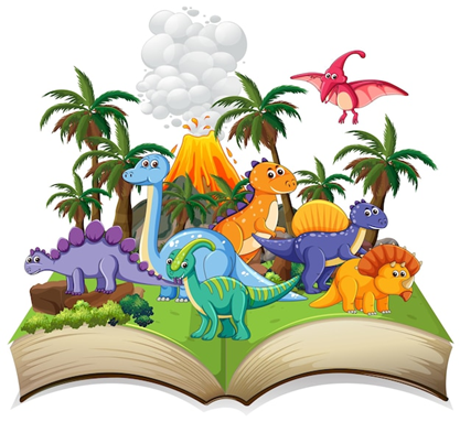 Picture of cartoon dinosaurs inside an open story book