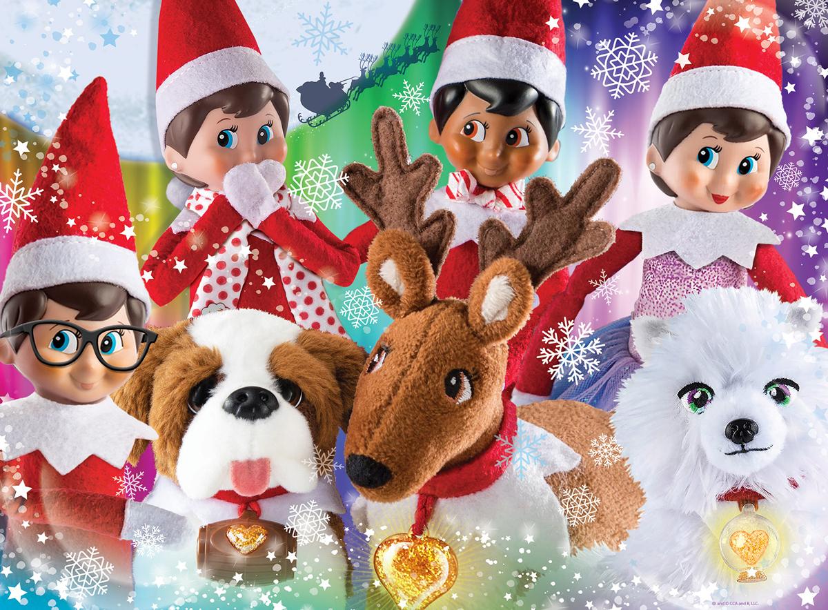 Picture of four Elf on the Shelf elves, the Saint Bernard plush dog, the reindeer plush and the arctic fox plush