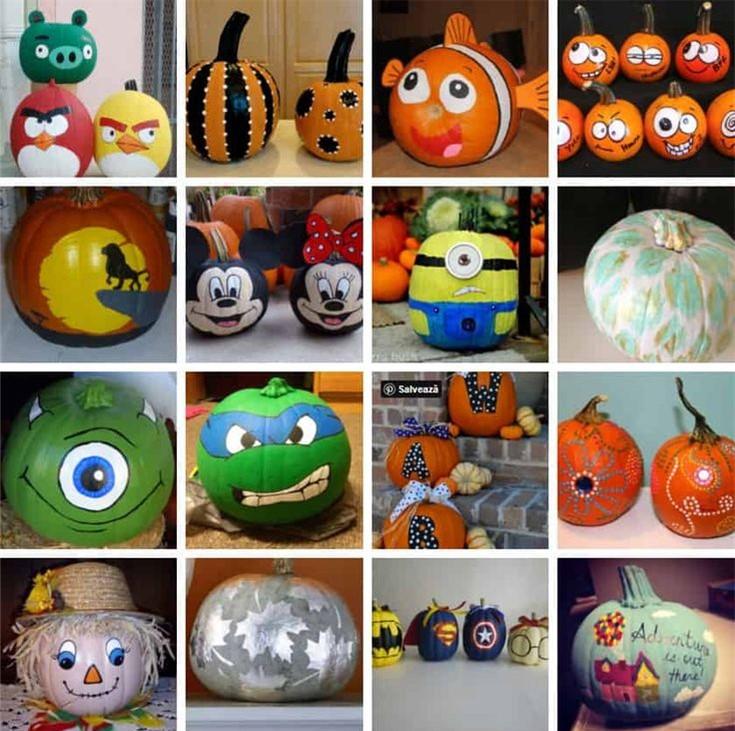 picture of a variety of pumpkins painted as different characters