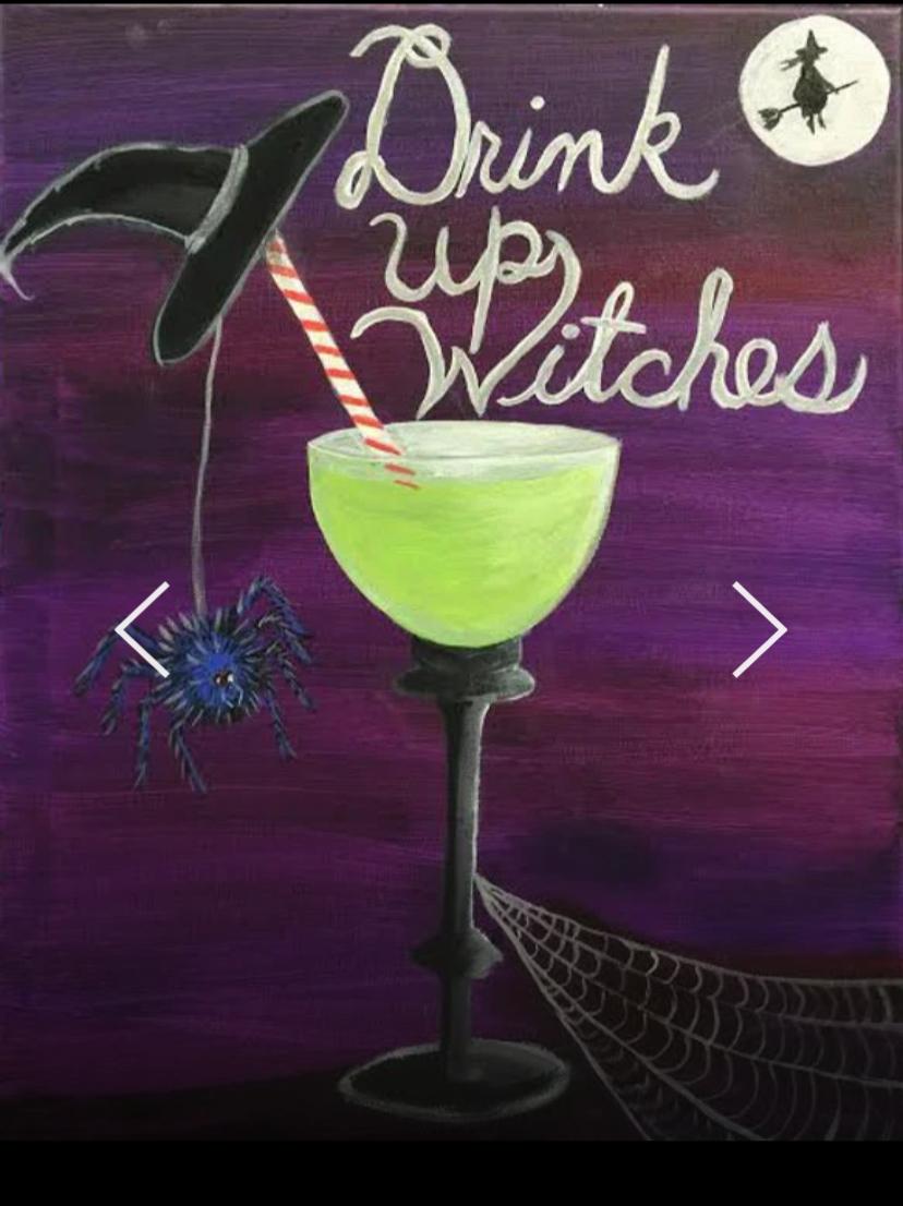 Purple and black background with a witch's hat and goblet, spiderweb