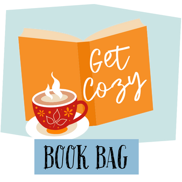 Get Cozy Book Bag with graphic of open book and cup of hot cocoa