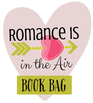 Romance is in the air book bag text with a lime green arrow and a pink heart drawing