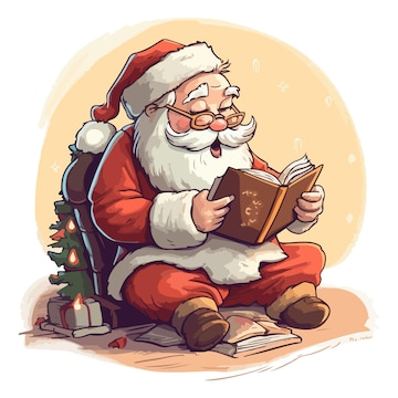 Picture of an animated Santa sitting in a chair by a Christmas Tree reading a book