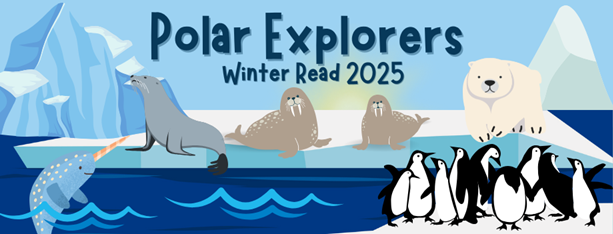 Picture of cartoon polar bear, seal, walrus, narwhal and penguins. 