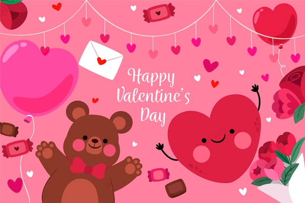 Picture of a cartoon Happy Valentine's Day image featuring a brown teddy bear and a red heart