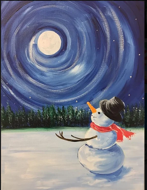 Snowman looking at a full moon