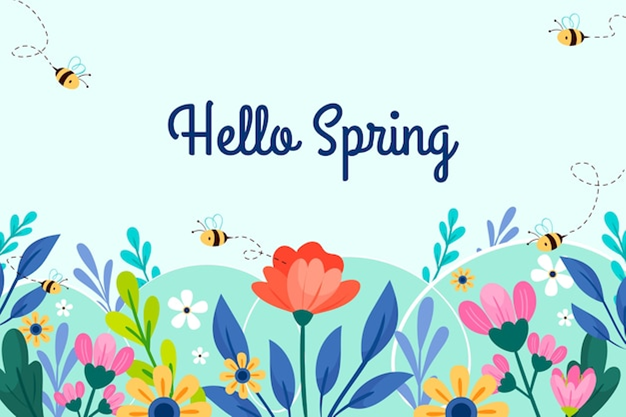 Picture of a spring banner with different colored flowers and bees buzzing around