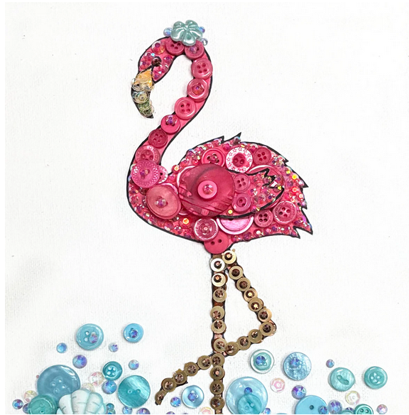 Pink flamingo with buttons and blus buttons as the water