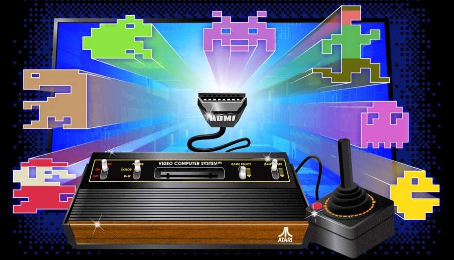 Picture of Atari game console with 8 bit images