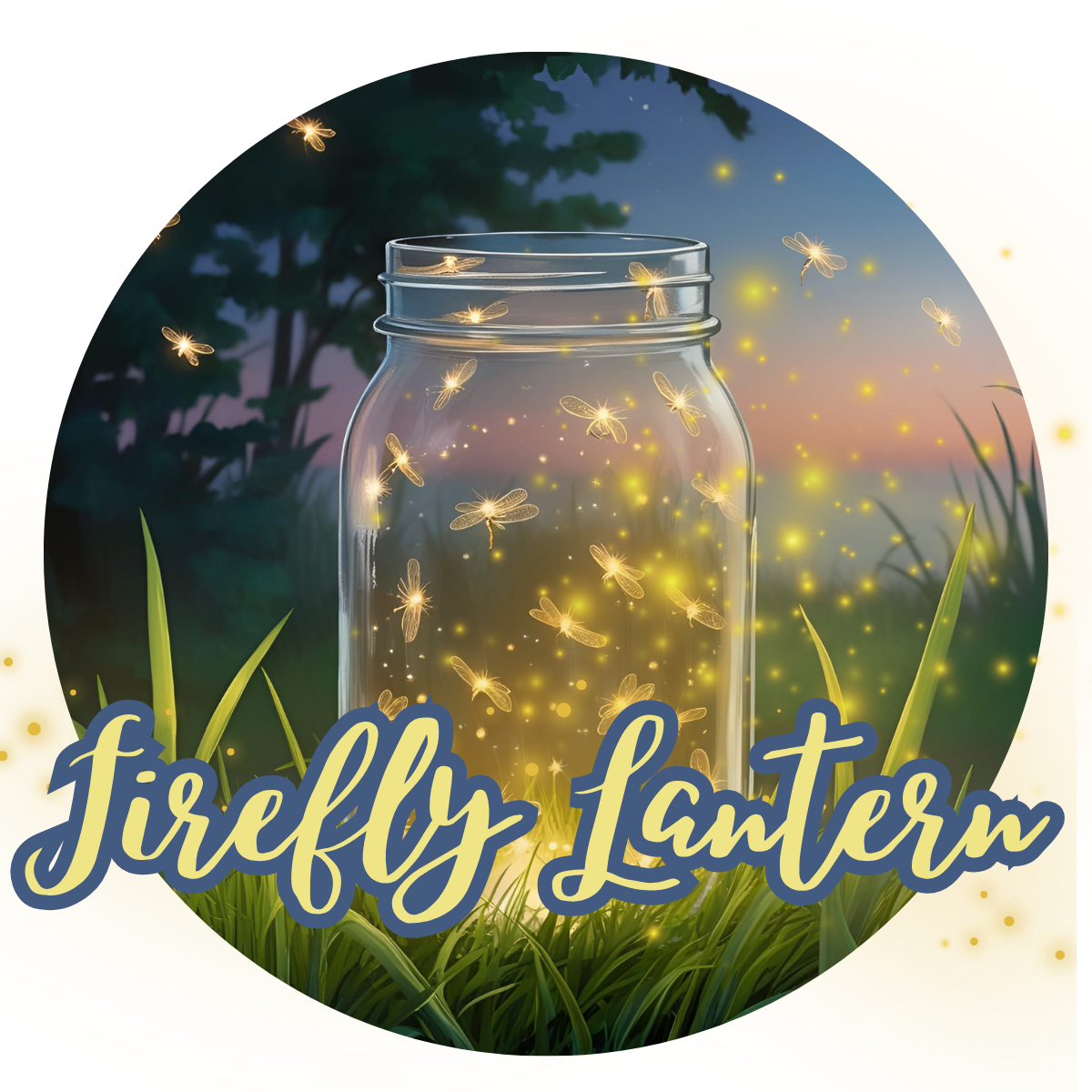 Firefly Lantern text with image of fireflies in a jar at dusk