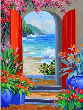 Summer lanscape with water, flowers and doors painted red