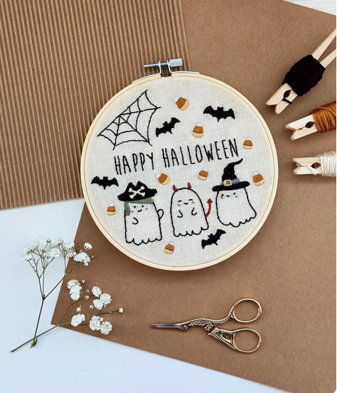 Halloween embroidery kit with 3 ghosts and a spider web
