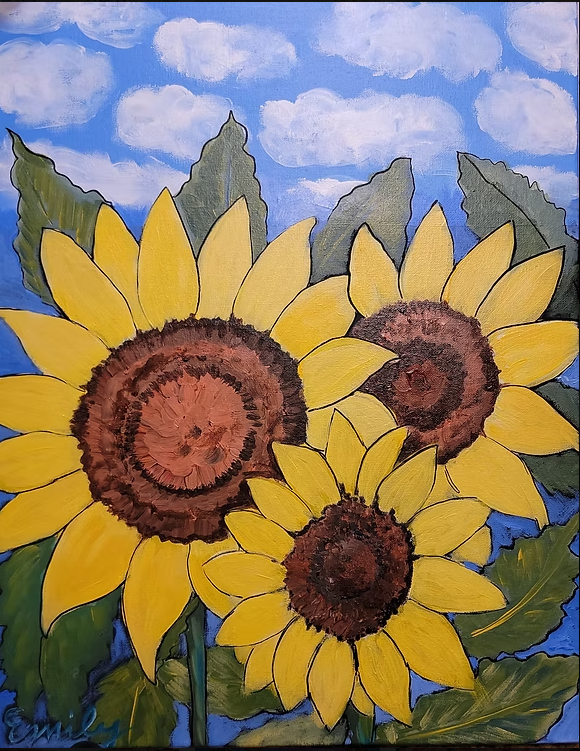 Three yellow sunflowers with a blue sky and clouds