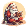 Picture of an animated Santa sitting in a chair by a Christmas Tree reading a book