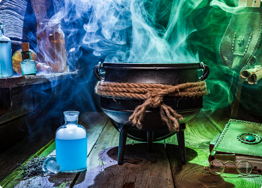 smoky cauldron in an apothecary
