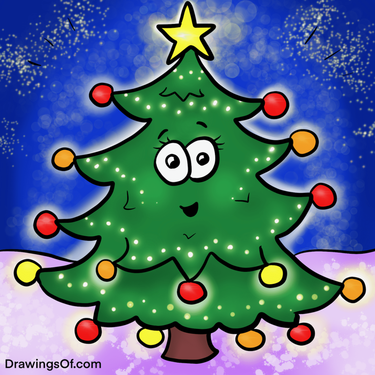Picture of a cartoon Christmas Tree with a smiling face