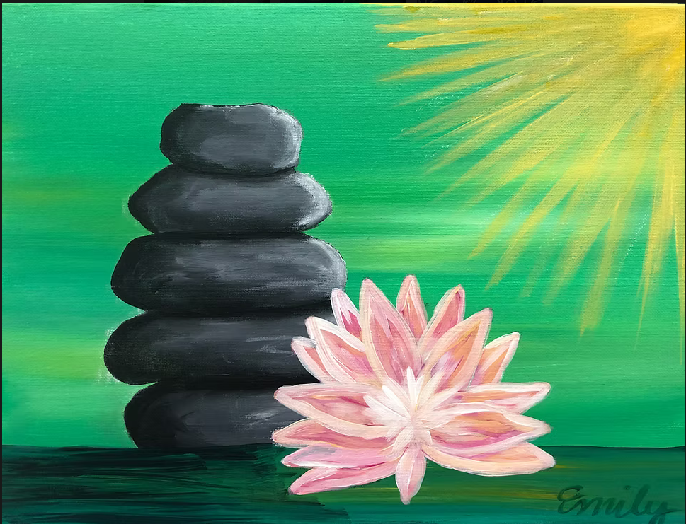 Green background with 5 black stones stacked together and a pink flower in fornt of them